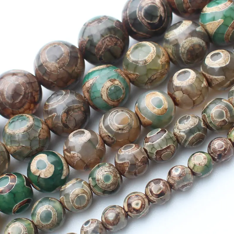 Smooth Green 3Eyes 6-14mm Dzi agates Round Beads 14.5