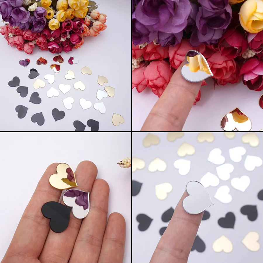 100 peças/lote 2x2.25cm preto ouro prata pequeno coração forma espelho acrílico adesivo de parede diy festival accessorie para entregar fazer