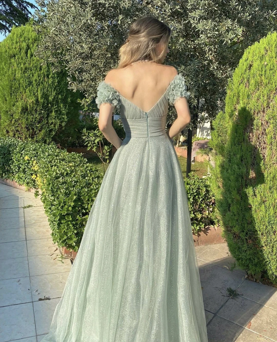 LSYX Sage Green Sparkly Tulle Evening Dress A-Line Sweetheart Off Shoulder Bow Sashes Pleat Floor Length Party Prom Gown