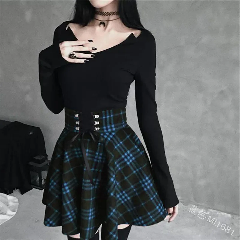 Gothic Lolita Skirt Women Ladies Winter Black Red Plaid Pleated Ball Gown 2019 Summer High Waist Lace Up Wool Skirt Plus Size