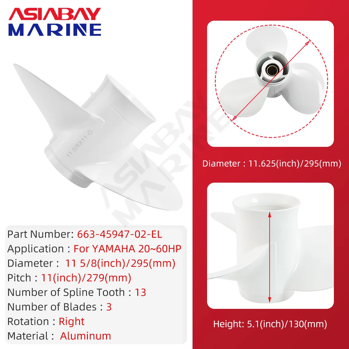 Yamaha 선외 프로펠러 11-5/8x11,3 블레이드 알루미늄 합금 나사 13 스플라인 663-45947-02 20 30 40 48 50 60 HP 엔진용
