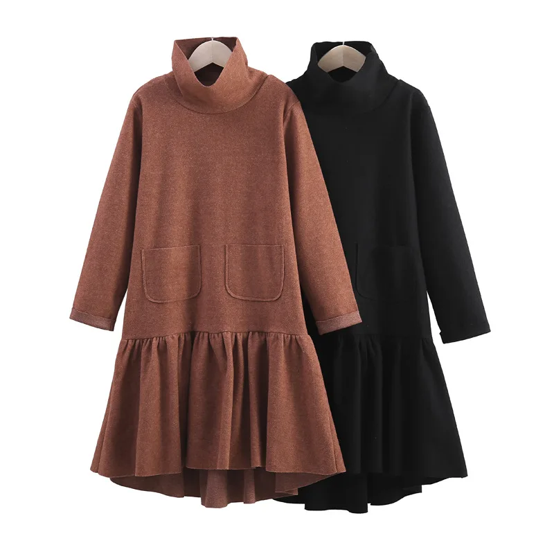 High Neck Autumn Winter Teenage Girl Dress Fashion Children Ruffles Kids Clothing Mother And Daughter Dresses Black Kahki