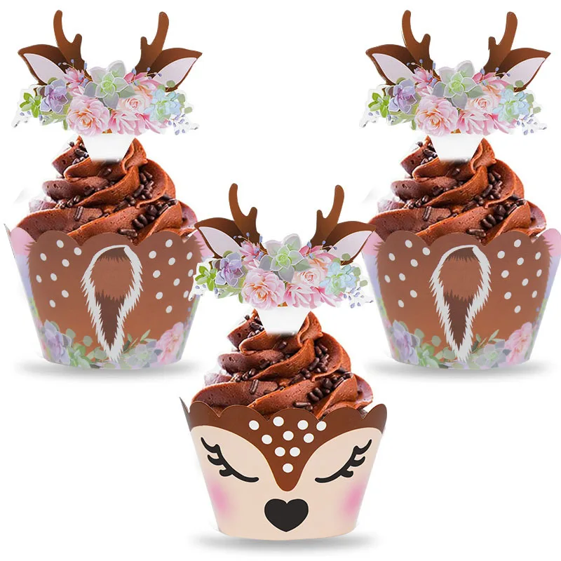 12/24 stücke Cartoon Sika Deer Cupcake Wrapper Geweih Papier Kuchen Topper Frohe Weihnachten Weihnachten Neue Jahr Geburtstag Party Dekoration – Detail 11