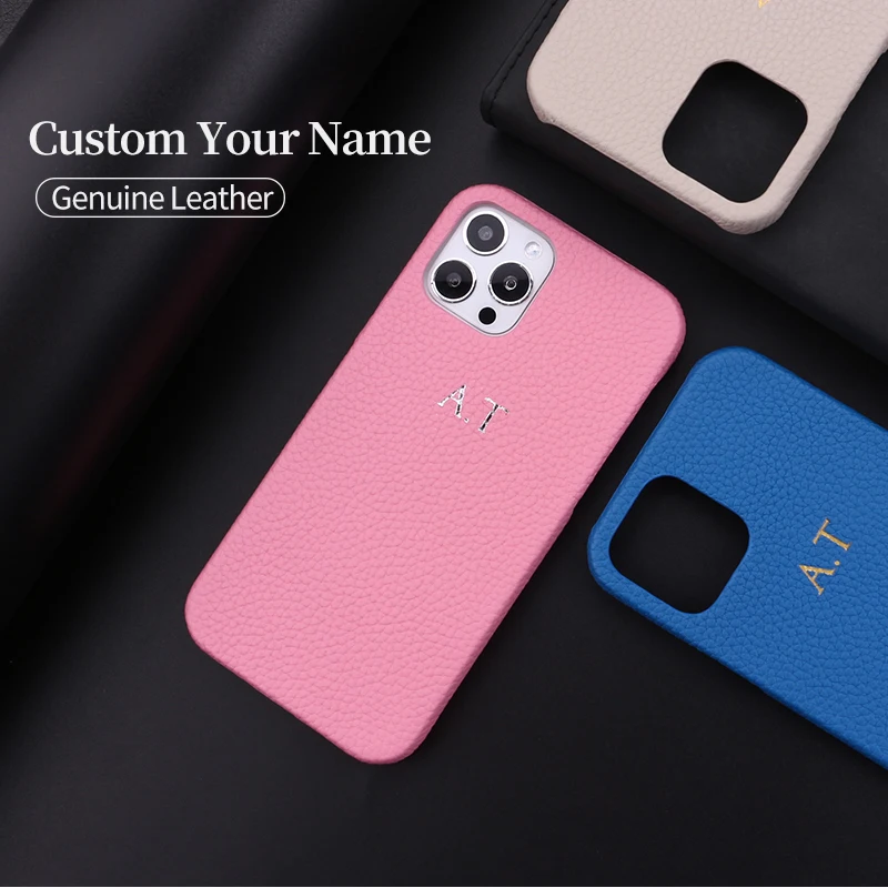 Personalized Genuine Leather Custom Phone Case DIY Cover Initial Name Luxury iPhone 15 14Pro Max 14Plus 13Pro Max 13