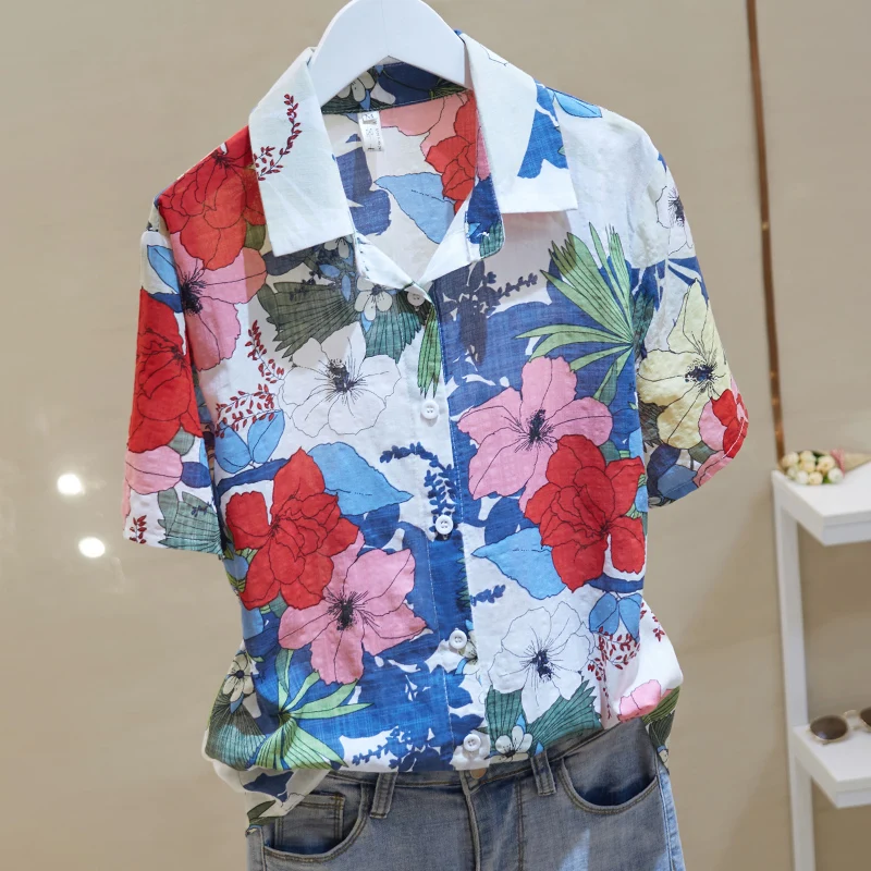 Korean Fashion Clothing 2022 Summer Retro Slim Chiffon Short Sleeve Printed Shirt Women's Blouse Casual Fashion Elegant 4XL 2356