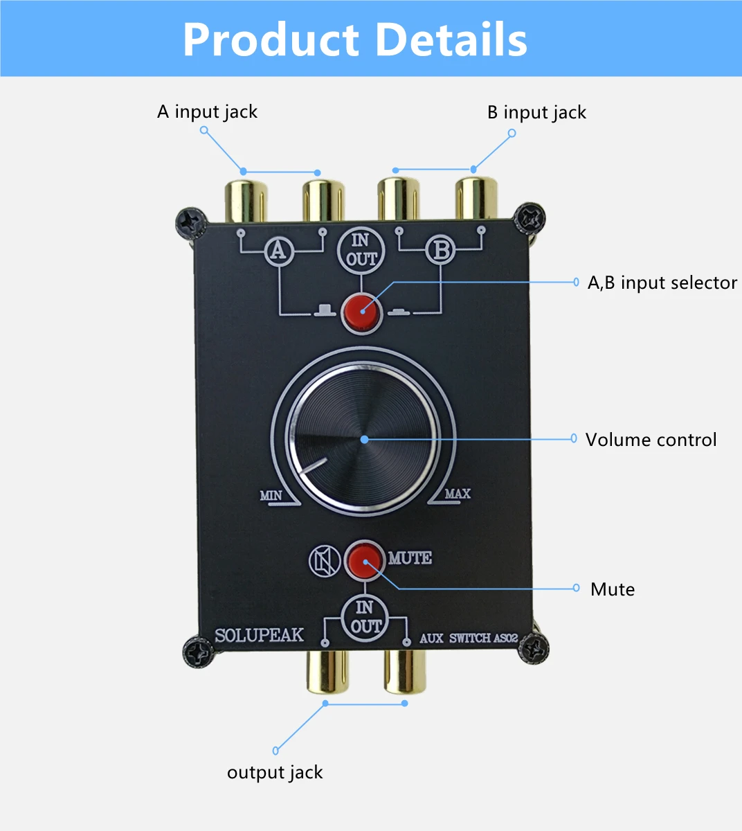 2 IN 1 OUT RCA Audio Switch box, AUX Stereo Audio Signal source Switcher Selector with line volume controller Passive