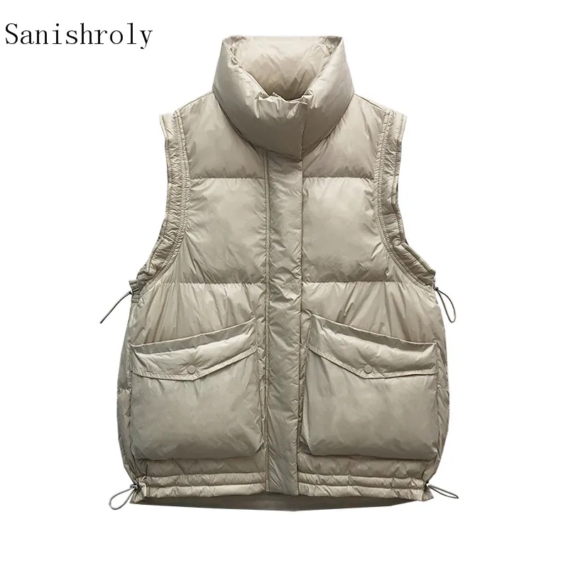 Women Ultra Light White Duck Down Vest Stand Collar Sleeveless Drawstring Down Waistcoat Lady Short Autumn Winter Puffer Jacket