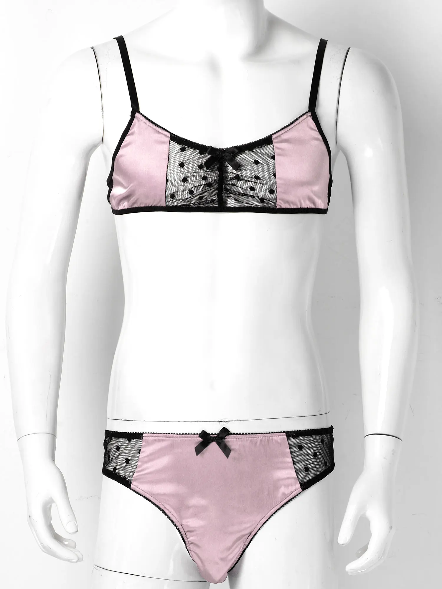 Men Satin Lingerie Suit Sissy Nightwear Sheer Mesh Patchwork Bra Tops with Briefs Thongs Exotic Sleepwear Gay Male Underwear