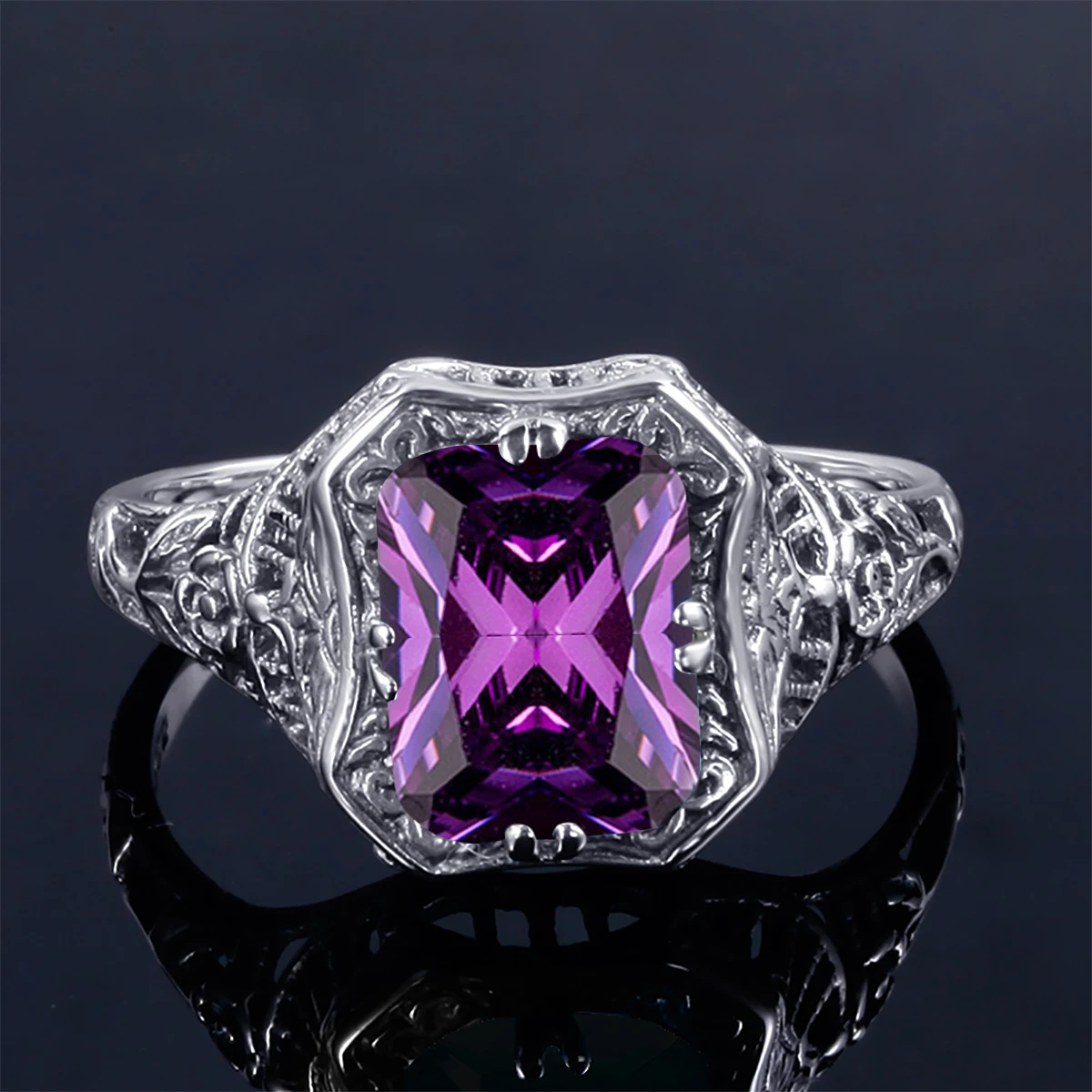High Quality Vintage Amethyst Ring Silver 925 100% Signet Pattern Fine Jewelry For Women Wedding Party Anniversary Gift