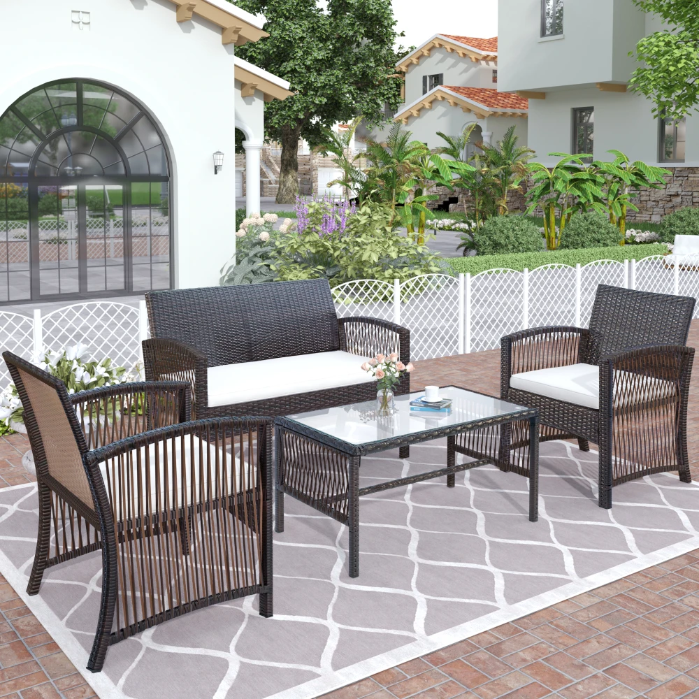 4Pcs Outdoor Patio Furniture Set 2 Double 1 Single Rattan Chair Sofa &1 Coffee Table for Garden Backyard Porch&Poolside Gray