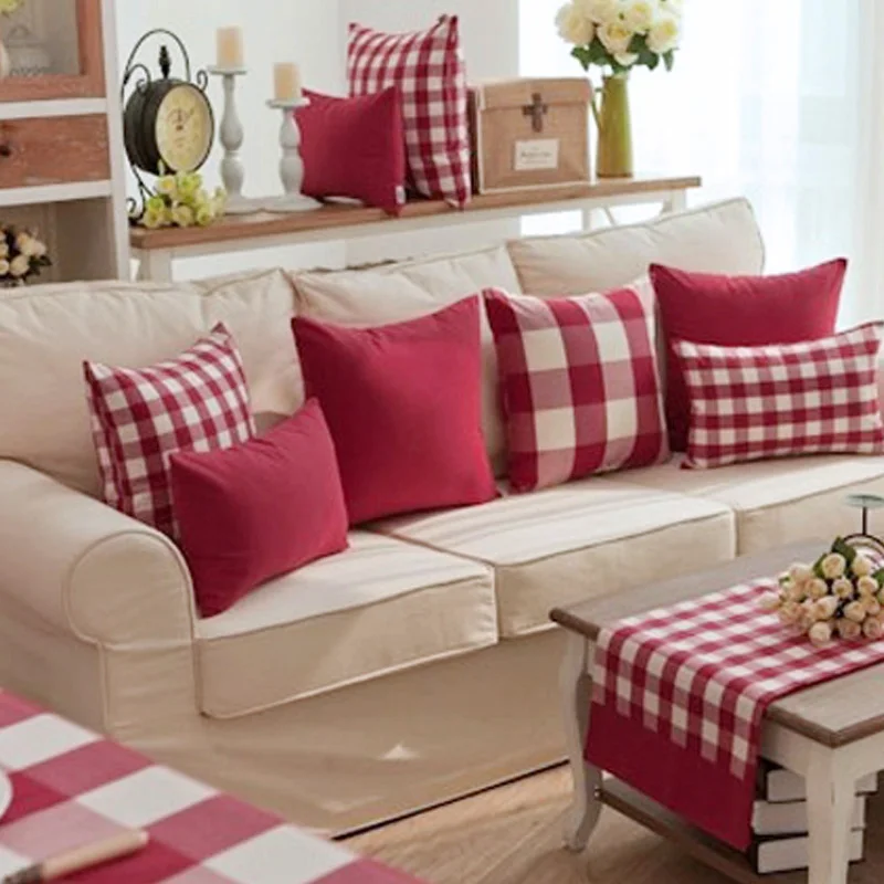 classical cotton linen gingham cushion cover sofa burgundy plaid pattern pillowcase sofa red wine pillow cover