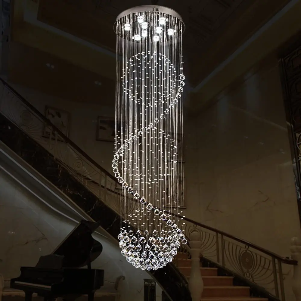 Crystal Luxury Loft Ceiling Pendant Lamp Hall Stairs Hotel Decor Lamp High Ceiling Lights Sliver Hanging Light GU10