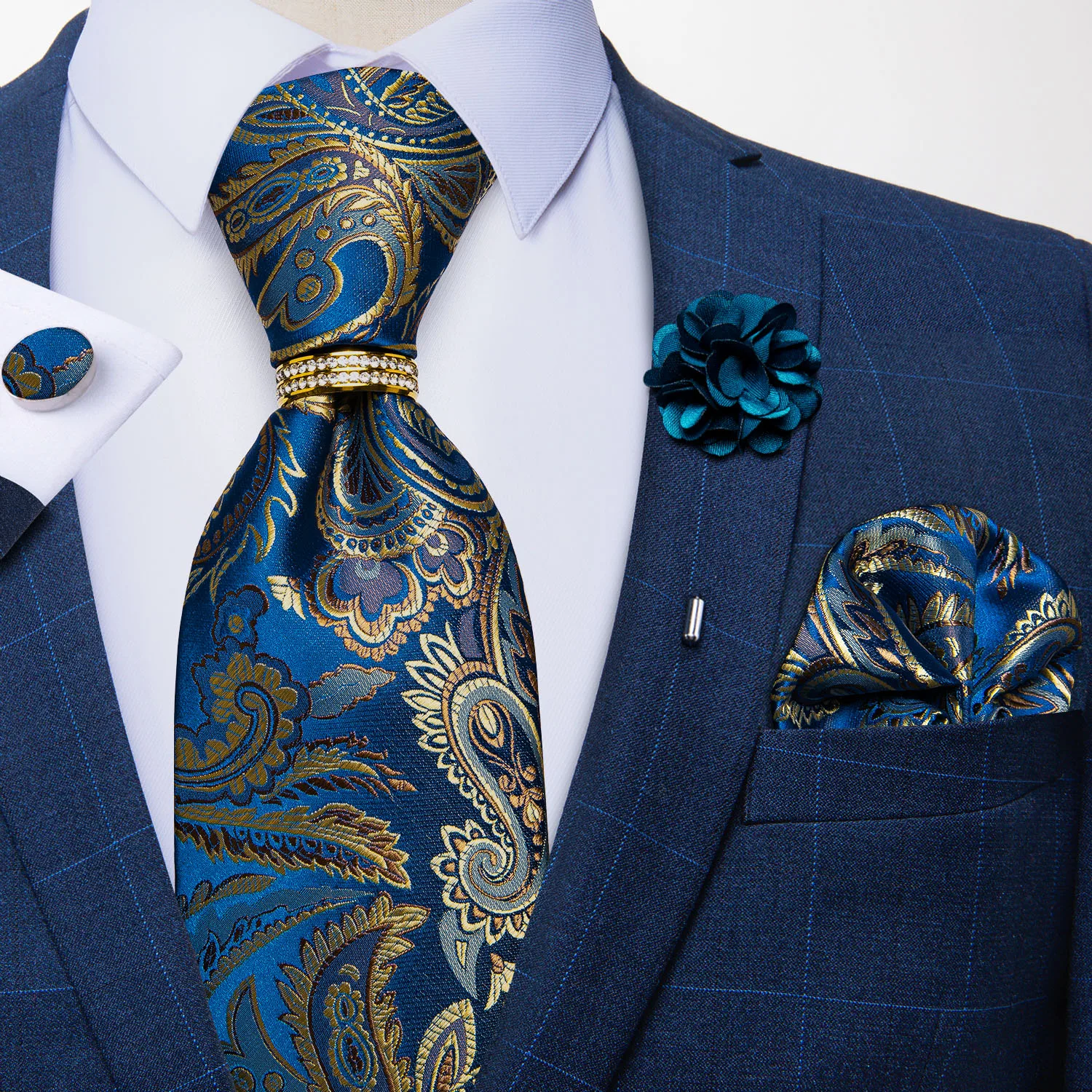 Neue Designer-Krawatten in Blau und Rot mit Paisley-Muster für Herren, Hochzeits- und Partykrawatte, luxuriöse Krawatte mit Ring und Brosche, Krawatten-Set, Geschenk für Herren, DiBanGu – Detail 19
