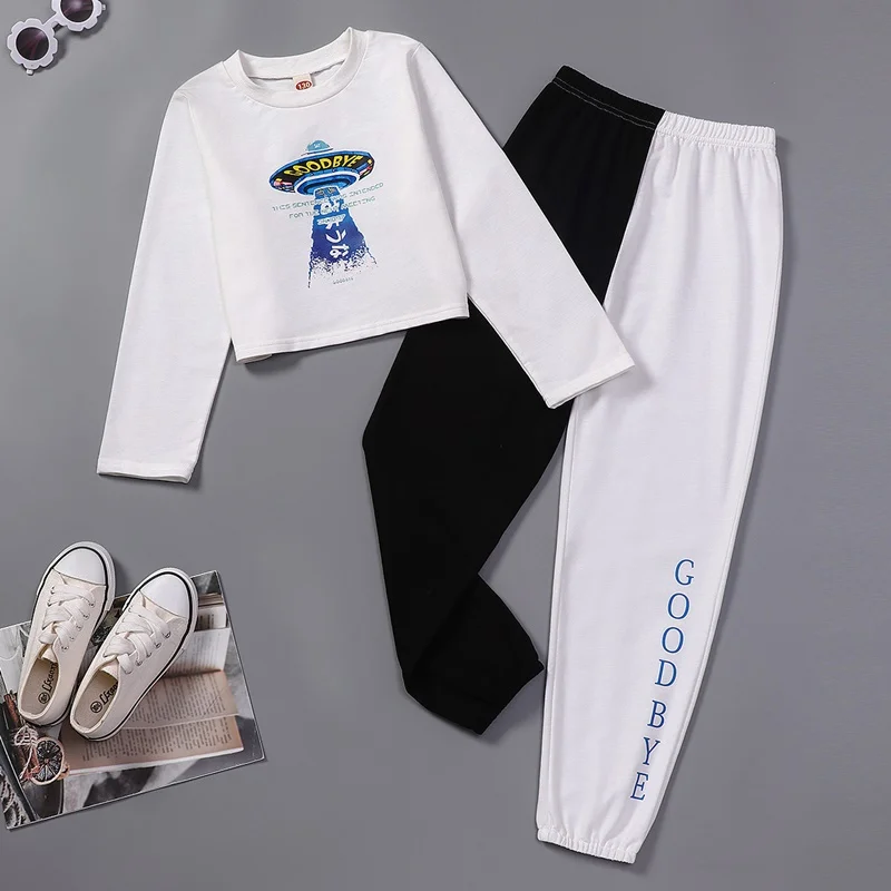 

New Fashion Kids Clothes Girls Spring Fall Boys Clothing Sets 2pcs Spaceship UFO Tops+patchwork Trousers Children Clothes 5-10Y