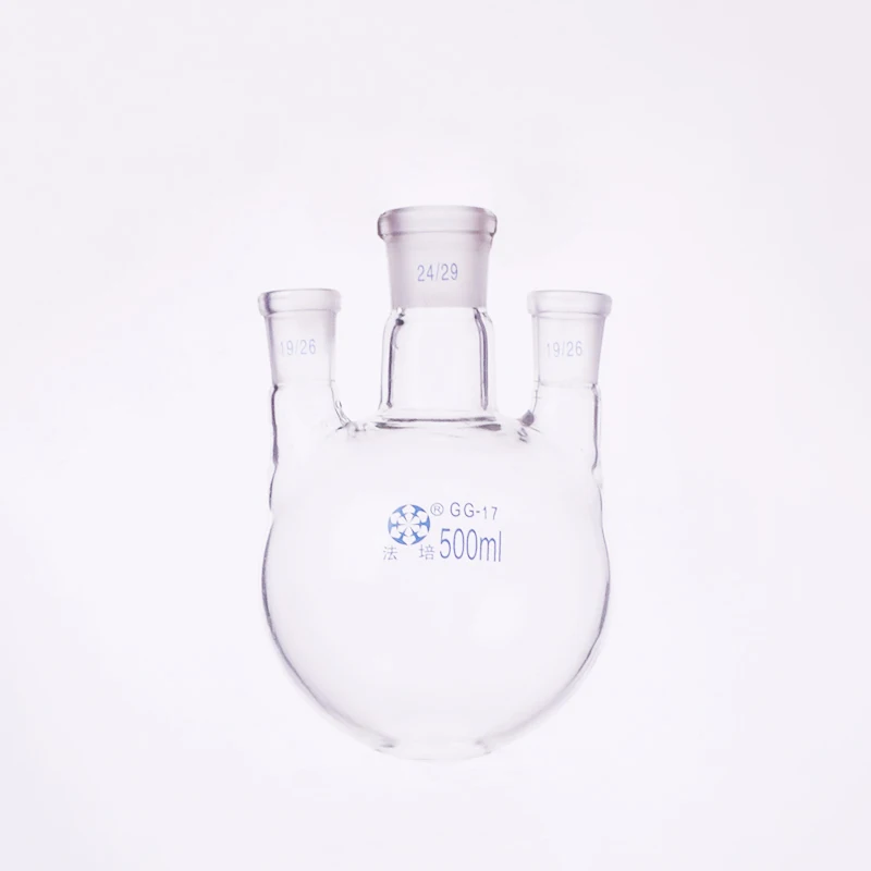 

Three-necked flask straight shape,with three necks standard ground mouth,Capacity 500ml,Middle joint 24/29,lateral joint 19/26