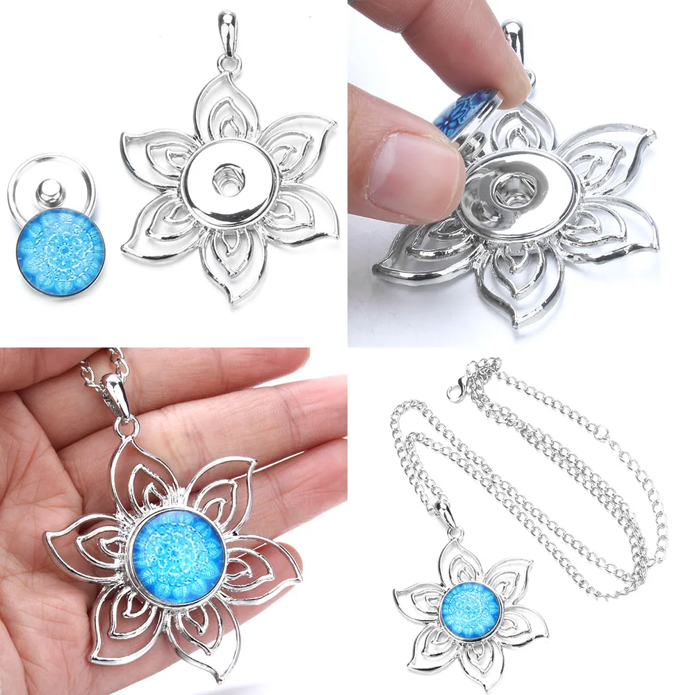 New Snap Jewelry Pendant Metal Rhinestone Crystal Flower 18mm 20mm Snap Buttons Necklace Pendant Fit DIY Snap Button Jewelry