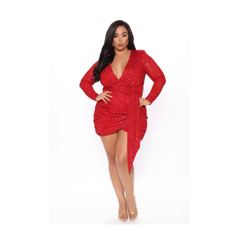 Red Sequins Party Dress Plus Size Charming Evening Wear Long Sleeves V Neck Pleats Irregular Sexy Club Mini Bodycon Dresses 2022