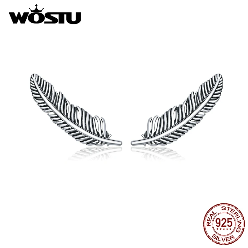 WOSTU Vintage Feather Stud Earrings 925 Sterling Silver Fashion Small Earrings For Women Wedding Authentic S925 Jewelry FIE865