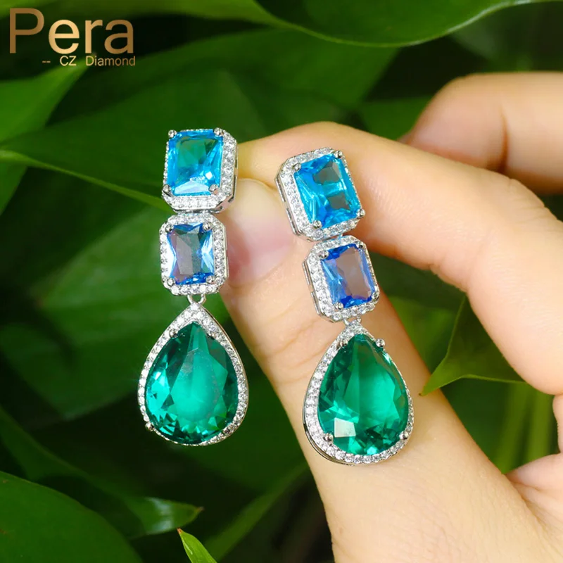 Pera Elegant Light Blue Green Cubic Zirconia Long Square&Water Drop Dangle Earrings for Women Fashion Summer Party Jewelry E585