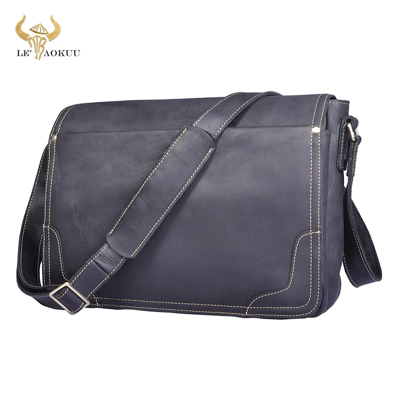 

Crazy Horse Leather Men Fashion Black Casual 14" Laptop One Shoulder Bag Design Messenger Crossbody Bag School Book Bag 2088-b