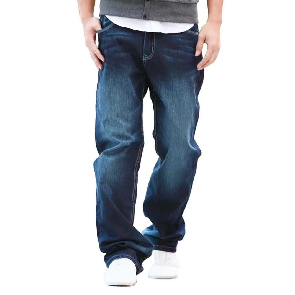 New Fashion Men Jeans Cowboy Straight Loose Baggy Harem Denim Pants Casual Cotton Wide Leg Trousers Blue Plus Size 27-48