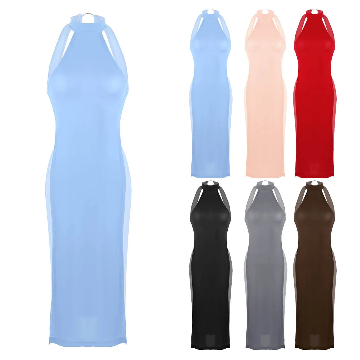 Sexy Women Dual Use Milk Ice Silk Smooth Elastic Nightclub High Cut Dress Turtleneck See Through Club Dancewear Erotic Nightgown