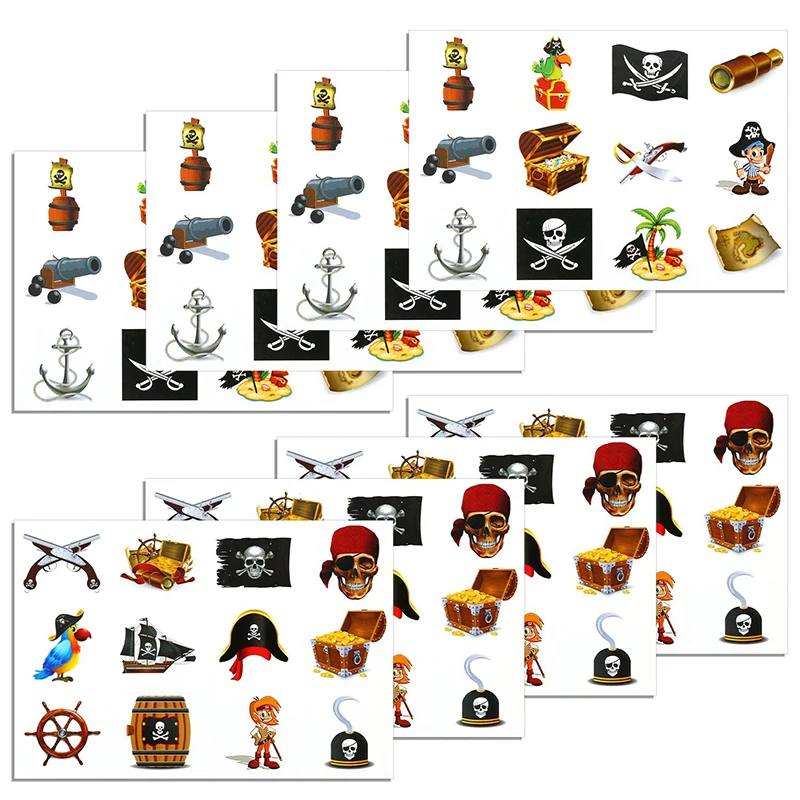 12pcs Pirate Tattoo Fake Neverland Cannon Powder Wheel Tattoo Body Sticker for Kids Pirate Birthday Party Favors Supplies