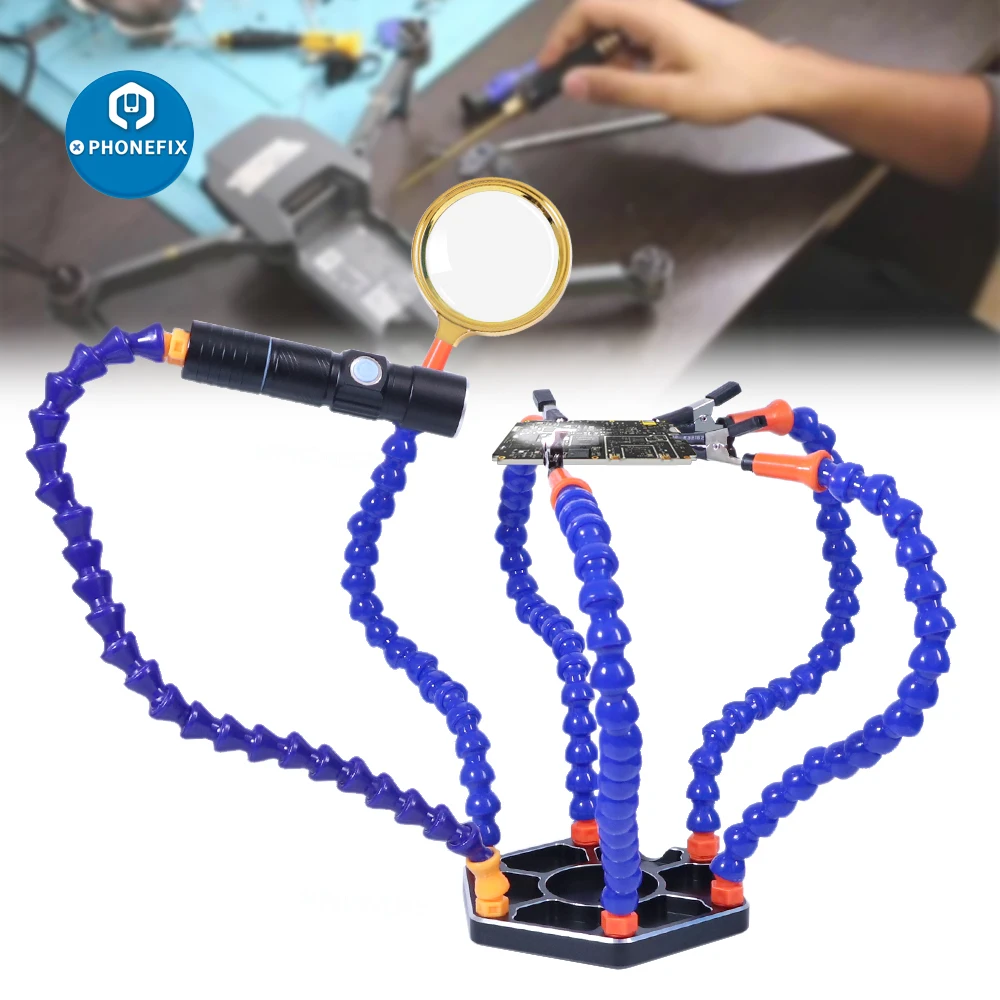 

Third Hand Soldering PCB Holder Six Arms Helping Hands Aluminum Base with 3X Magnifier USB Flashlight RC Helicopter Drone Repair