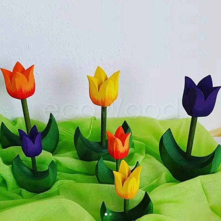 Tulipanes de madera para niños, bloques de construcción, apilamiento, flor, castillo, juegos, manualidades, Montessori, Escena de juguete