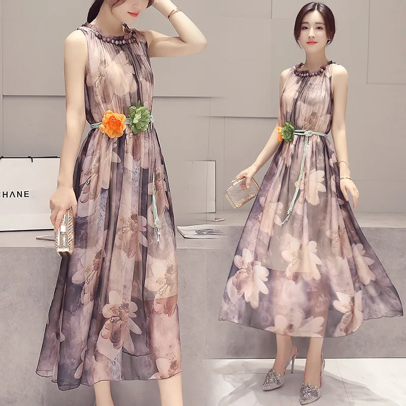 Beach Summer Dress Women Sleeveless Long Dress Boho Chiffon Dresses Print Party Dresses Ladies Office Clothes LWL1640