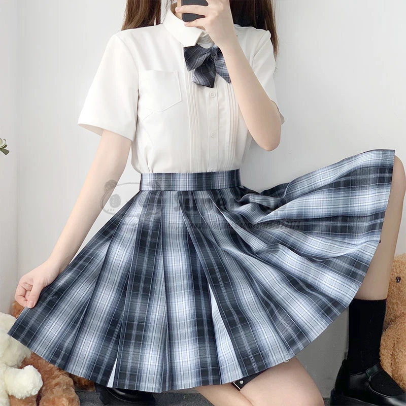 [Scorpio] Langarm JK Uniform Weibliche Voller Anzug Sommer Herbst Weißes Hemd Original Plaid Gefaltete Rock Schule Mädchen kleidung