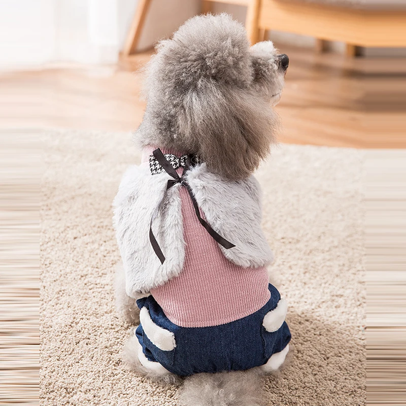 Fashion Winter Warm Faux Fur Pet Jumpsuit Overalls for Dogs Cats Knitted Denim Coat Jacket Trousers Puppy Kitten Rompers Clothes