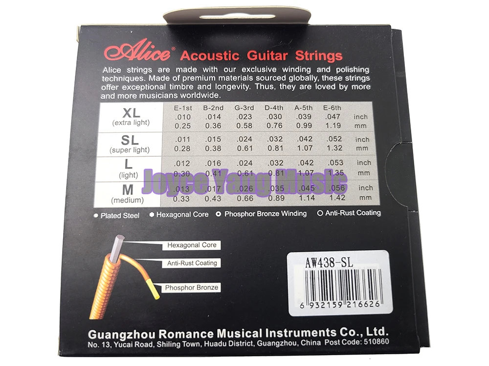 Alice AW438 Acoustic Guitar Strings Plated Steel Hexagonal Core Phospher Bronze Winding Anti-Rust Coating