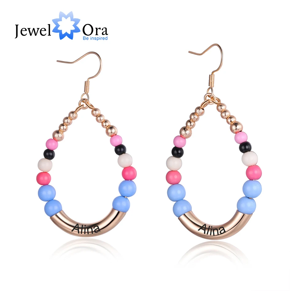 

JewelOra Designer Personalized Name Engraved Bohimian Earrings for Women Ladies Colorful Beads Water Drop Statement Earrings