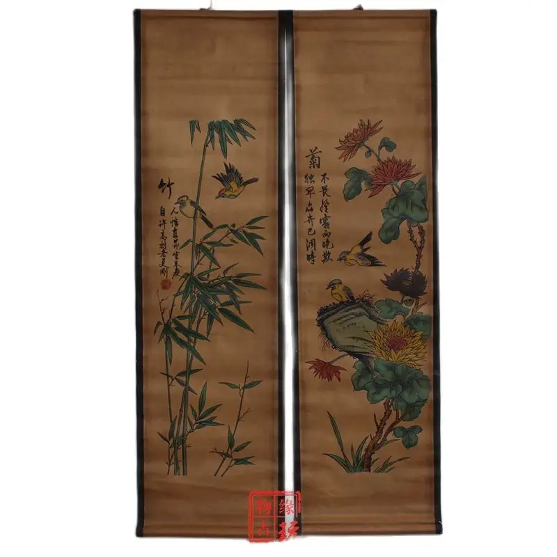 China Old Scroll Painting Four Screen Paintings Middle Hall Hanging Painting Mei Lan Zhu Ju