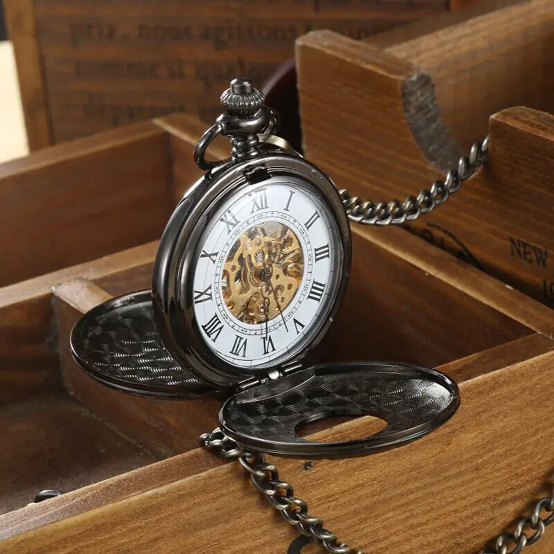 Vintage 2 Sides Open Case Mechanical Men's Watch Double Face Roman Dial Clock Hand Wind Pocket Watch With FOB Chain Gift