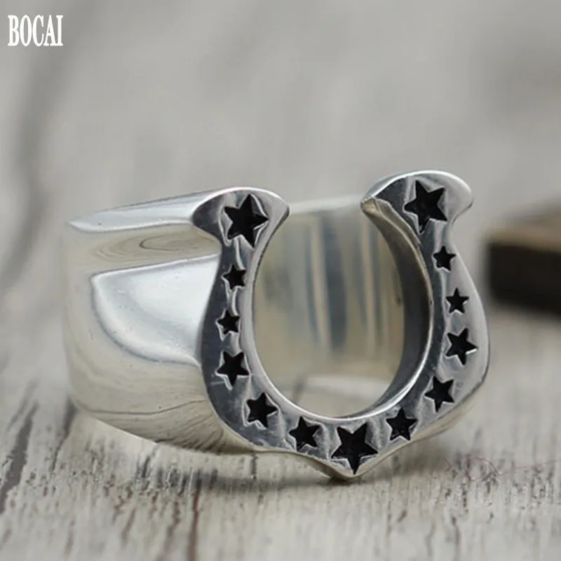 S925 Silver Jewelry Accessories Personality Trendsetter Vintage Retro Horseshoe Closed U Shaped Star Man Ring