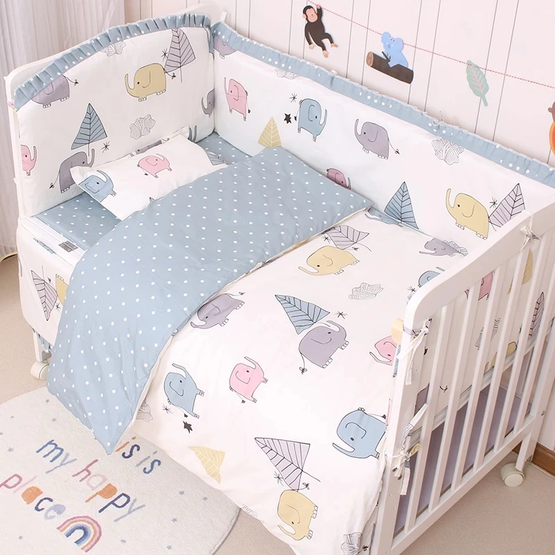 6 teile/satz Babybett Bettwäsche-Set Baumwoll druck Kleinkind Babybett Bettwäsche Babybett Stoßstangen Bettlaken Kissen bezug Neugeborene Bettwäsche-Set