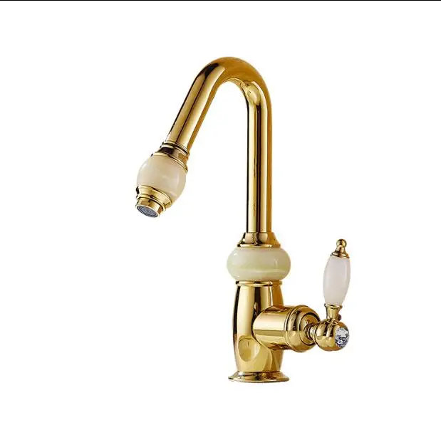 

Vidric fashion solid brass and natural jade construction bathroom hot and cold gold finish basin faucet with pull out shower hea