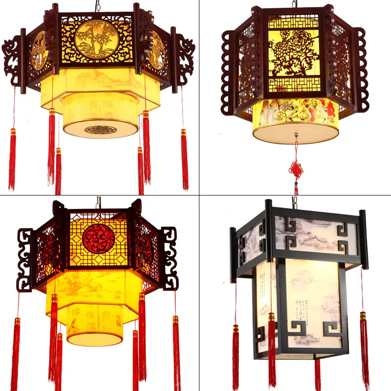 Chinese antique chandelier solid wood sheepskin restaurant living room teahouse Chinese style retro lamp Hotel lamp