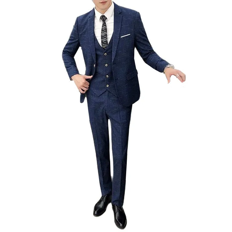 

Fashion Brand Men Business Suit 3piece Black/Blue/Gray British Style Male Wedding Suits Plaid Striped Blazer and Pants with Vest