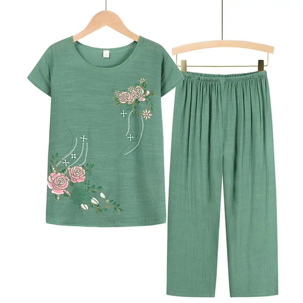 Summer Women Homewear Set Short Sleeve Floral Print T-shirt Pants Loose Two Pieces Set Outfit for Middle-aged Pajama Sets