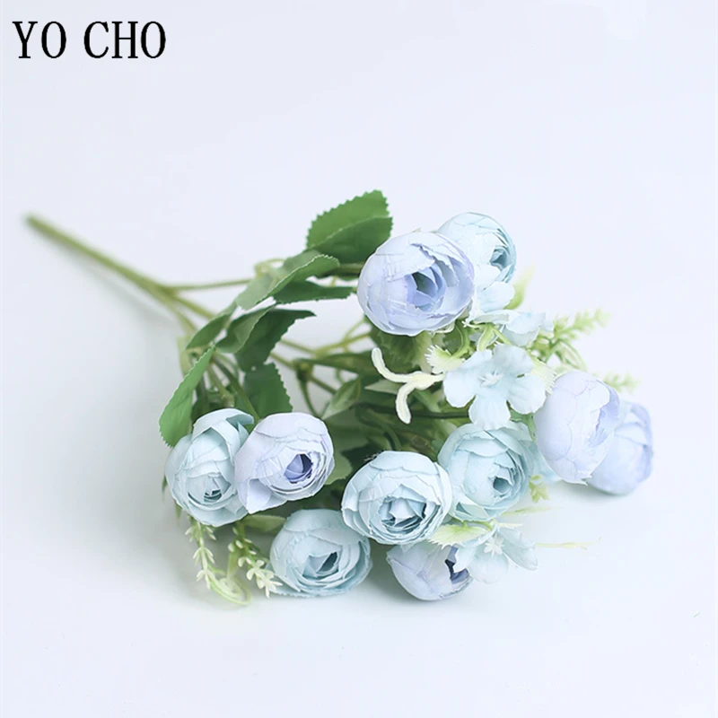 YO CHO Artificial Flower Silk Rose Bunch 5 Fork 10 Heads Fake Tea Rose Wedding Girl Mini Bouquet Flower Home Party Wedding Decor