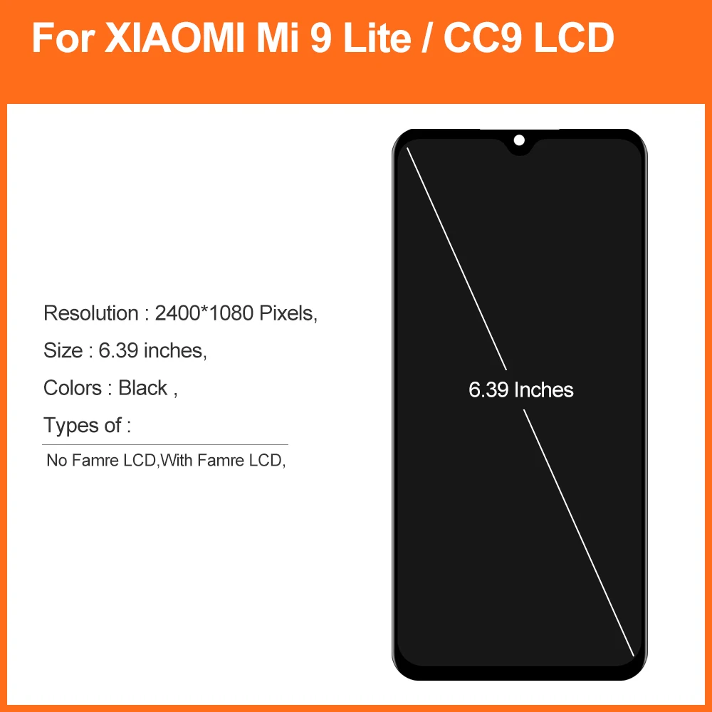 6.39\'\' AAA+ Super AMOLED Display for Xiaomi Mi CC9 LCD Display for Xiaomi Mi 9 Lite M1904F3BG Touch Screen Digitizer Screen