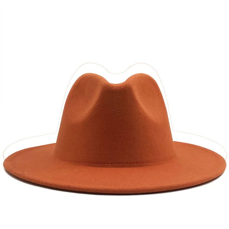 Sombreros Fedora de fieltro de lana azul para hombres y mujeres, sombrero de fieltro de Jazz con hebilla de Cinturón fino, gorra Trilby de Panamá de ala ancha, exterior Simple, naranja, 56-58-60CM