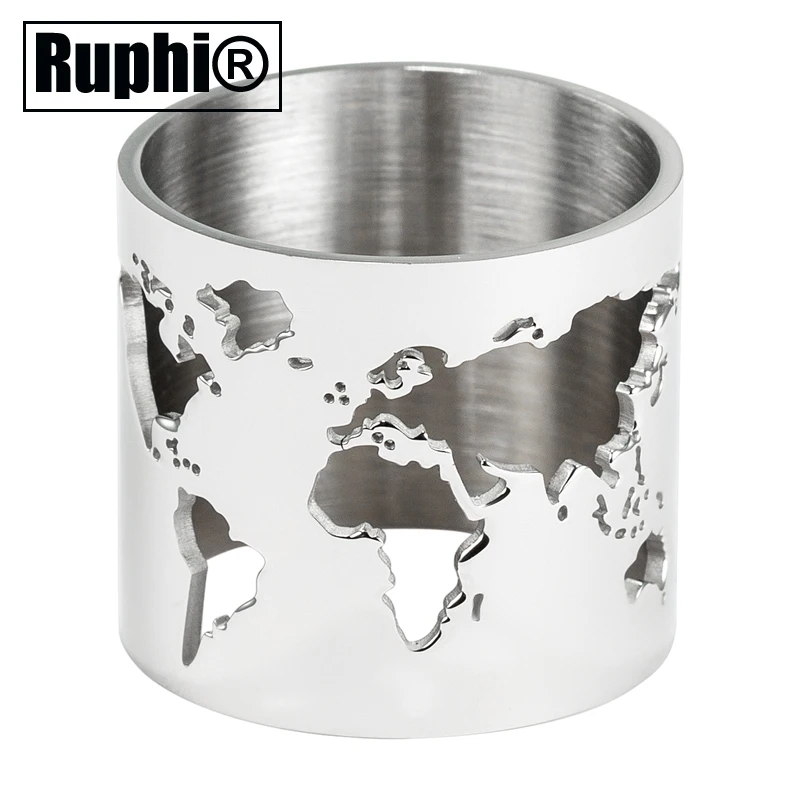 Steel World Map Cut-out Chunky Boho Finger Ring for Men Mirror Surface Stainless Spinner Ring Travel Peace Party Jewelry