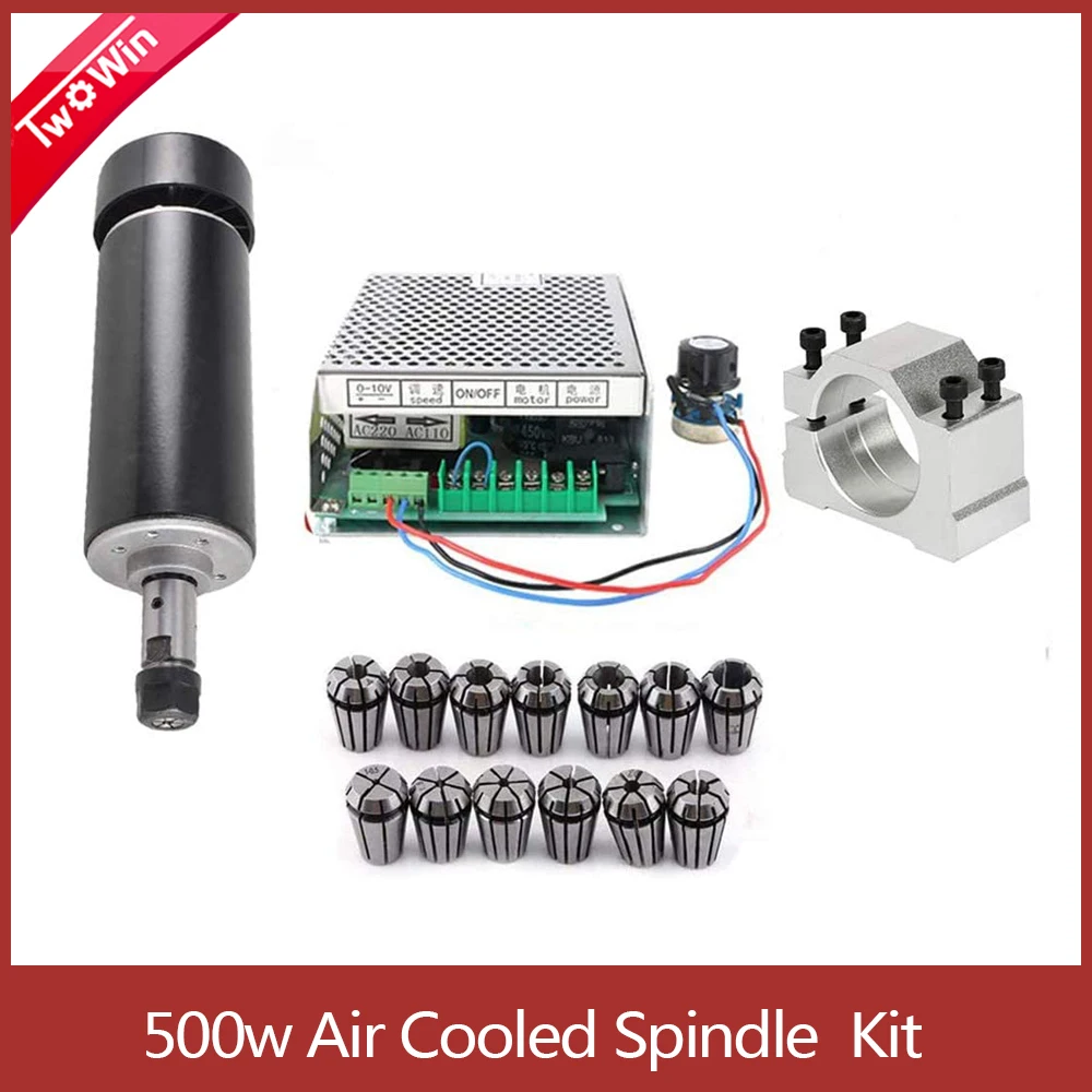 

500W Air Cooled Spindle Kit CNC 0.5kw Spindle Motor+Power Supply Speed Governor+52mm clamps+13pcs ER11 Chuck For PCB Engraving