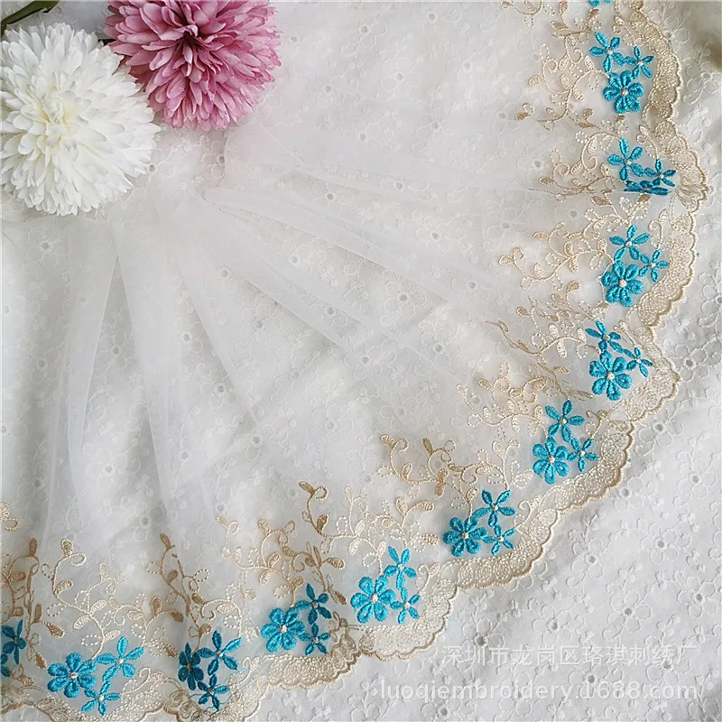 2Yards 20cm Wide Apricot Blue  Soft Mesh Embroidery Lace Trimmings Dress Accessories Lace Fabric Sewing Crafts Doll Material