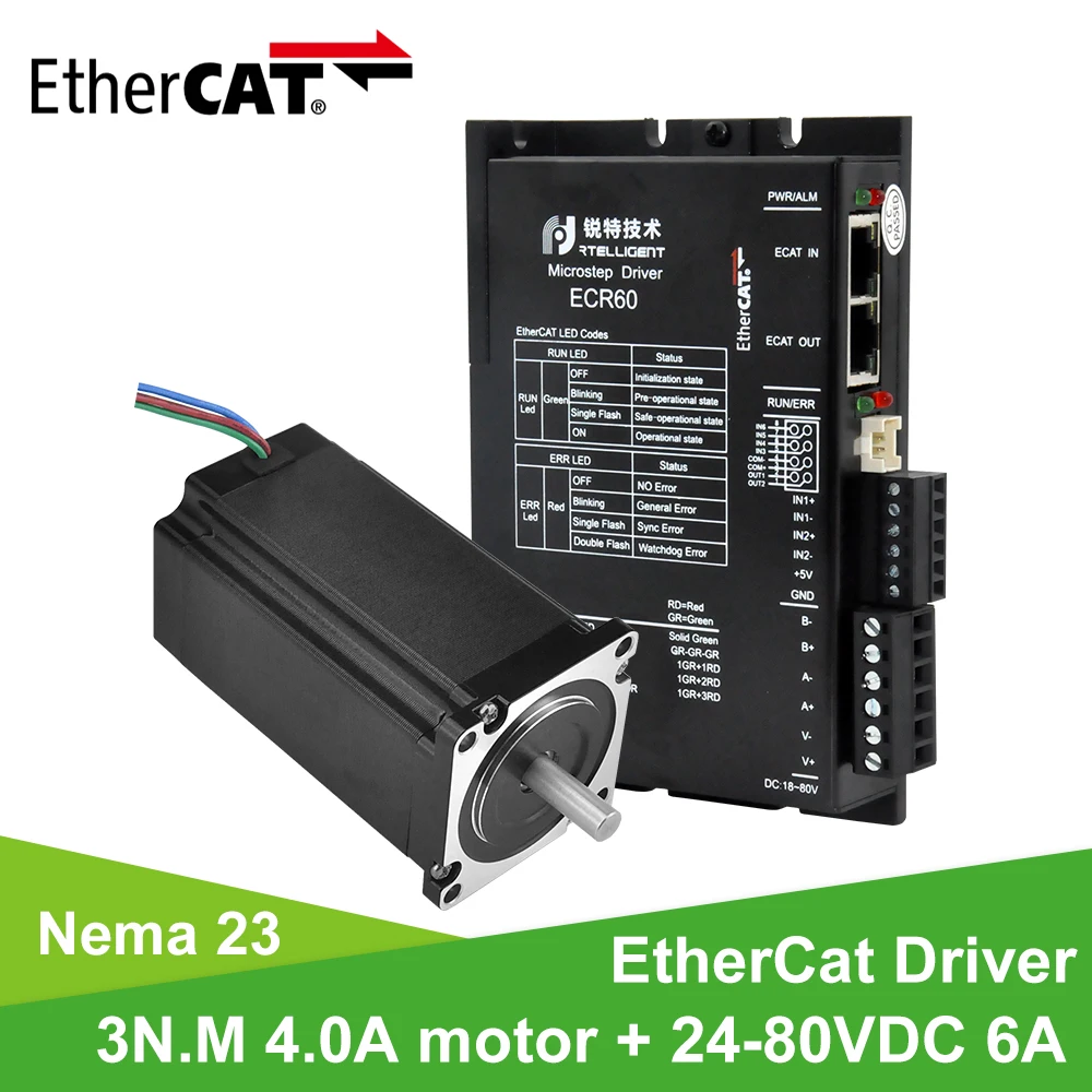 Rtelligent Nema 23 6A 24-80V DC EtherCAT Fieldbus Stepper Motor Driver with Nema 23 3N.M 4.0A Stepper Motor for CNC mechine