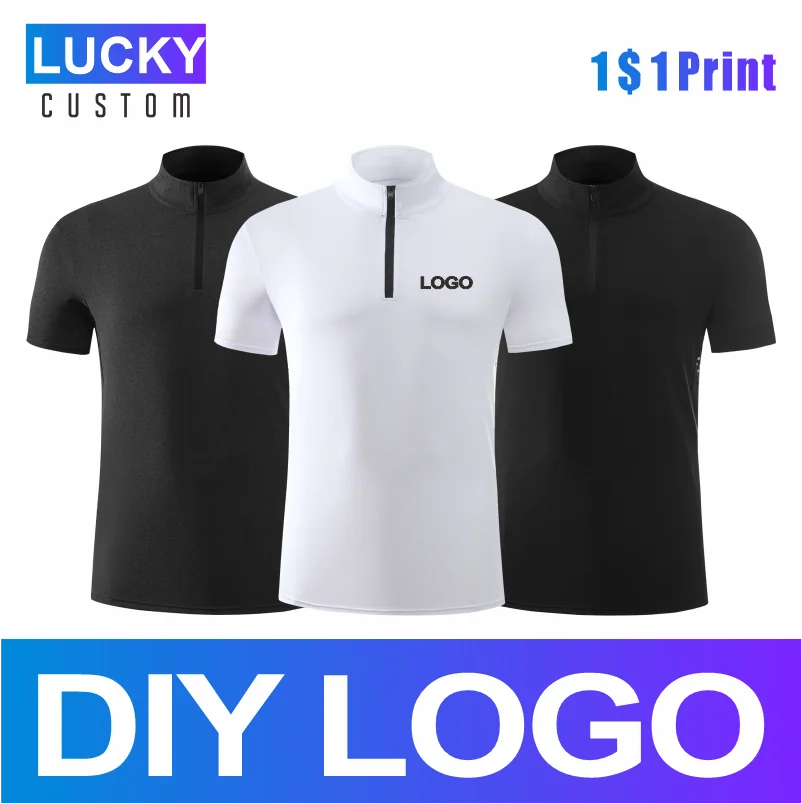 Men\'s Zipper Stand-up Collar Short-sleeved T-shirt Custom Printed Embroidery Logo Sweat-absorbent Breathable Sports Shirt